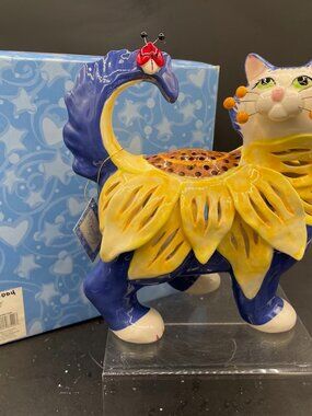 2005 Amy Lacombe Whimsiclay Mara Tea Lite Holder #87420 Sunflower Cat in Box